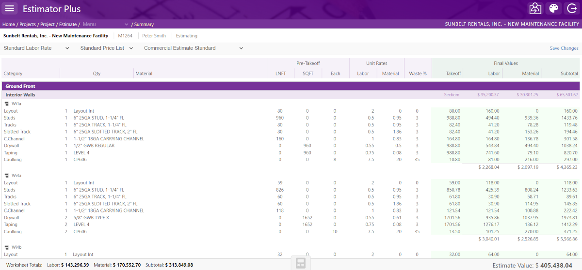 Estimate Takeoff and Summary